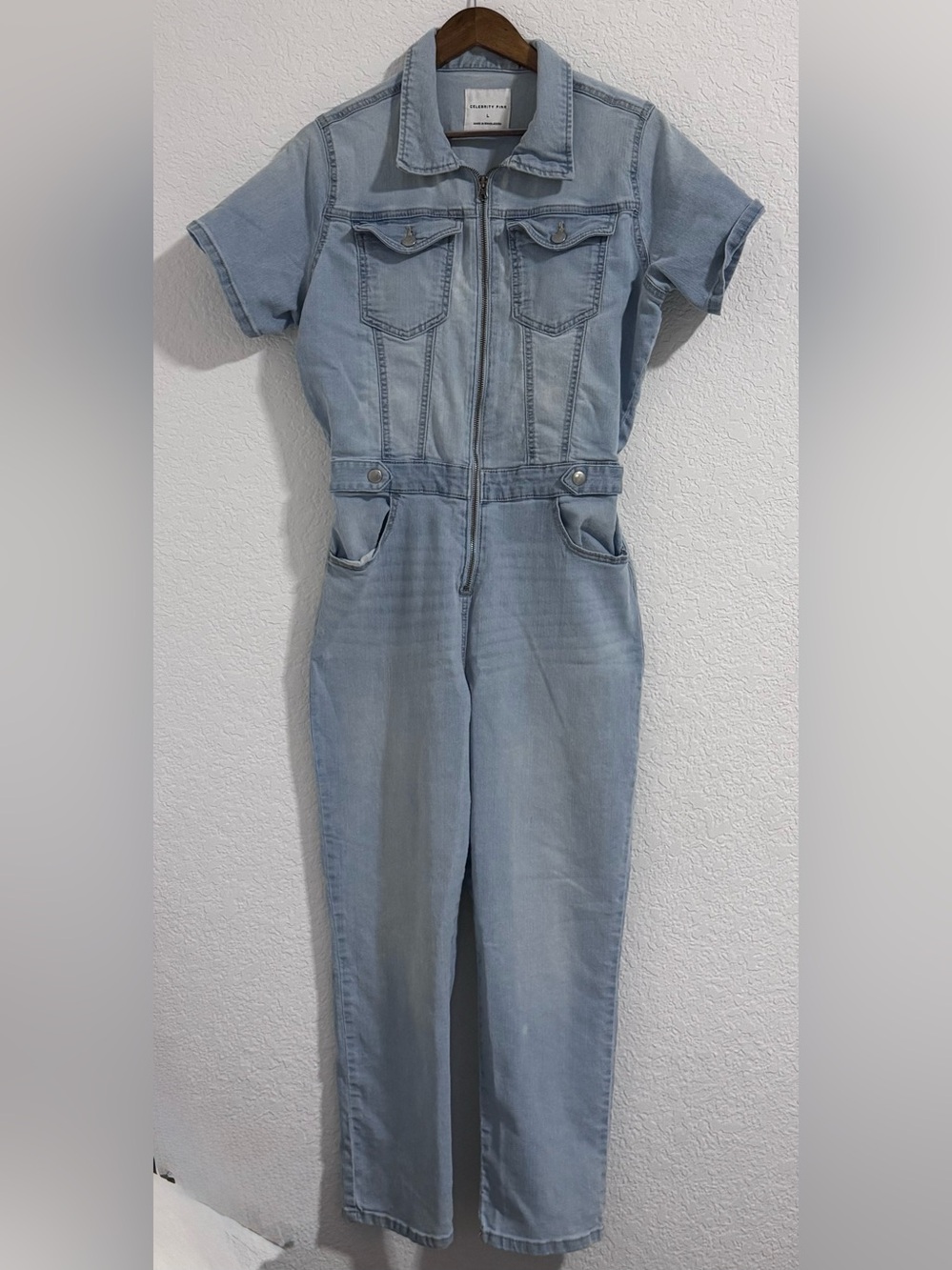 Celebrity Pink Light Blue Denim Short-Sleeve Zip Jumpsuit